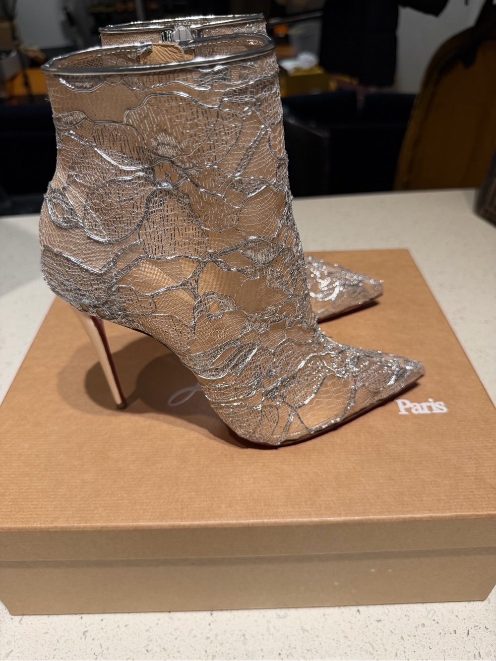 Christian Louboutin Silver Metallic Lace Ankle Boots